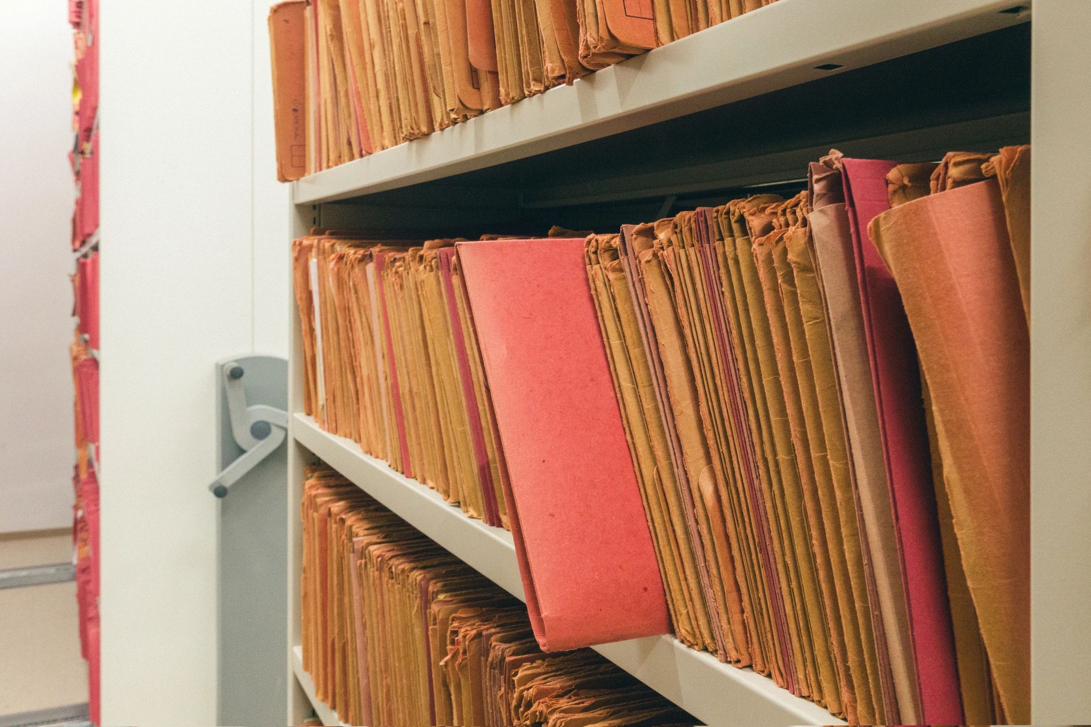 Shelves of preserved archival files and documents