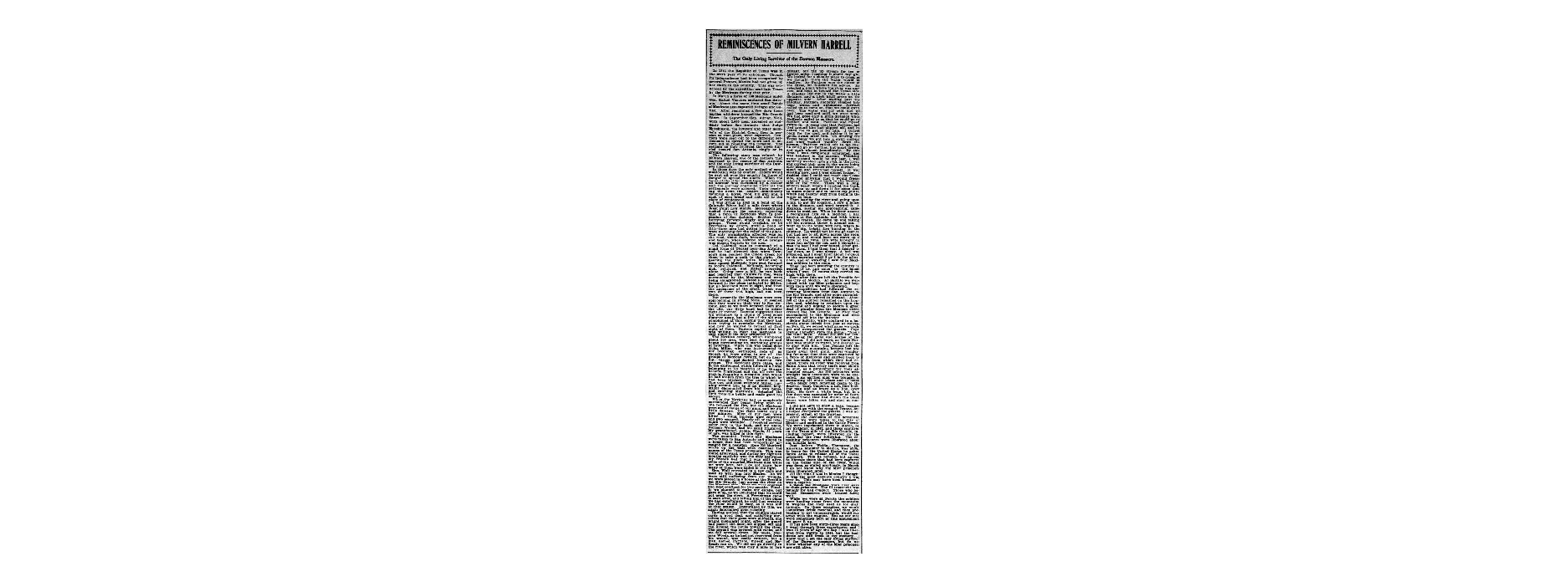 Archival newspaper clipping titled “Reminiscences of Milvern Harrell”