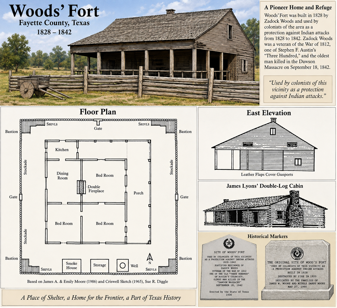 Historical reference graphic for Woods' Fort in Fayette County, Texas, showing an illustrated fort, floor plan, elevation drawings, and historical markers